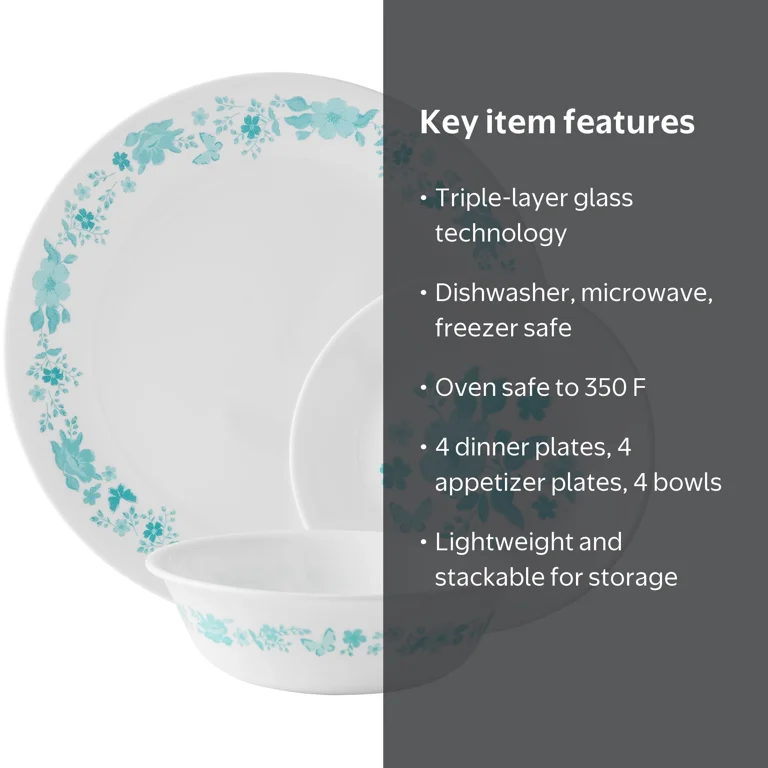 The Pioneer Woman by Corelle 12-Piece Dinnerware Set, Evie, Teal