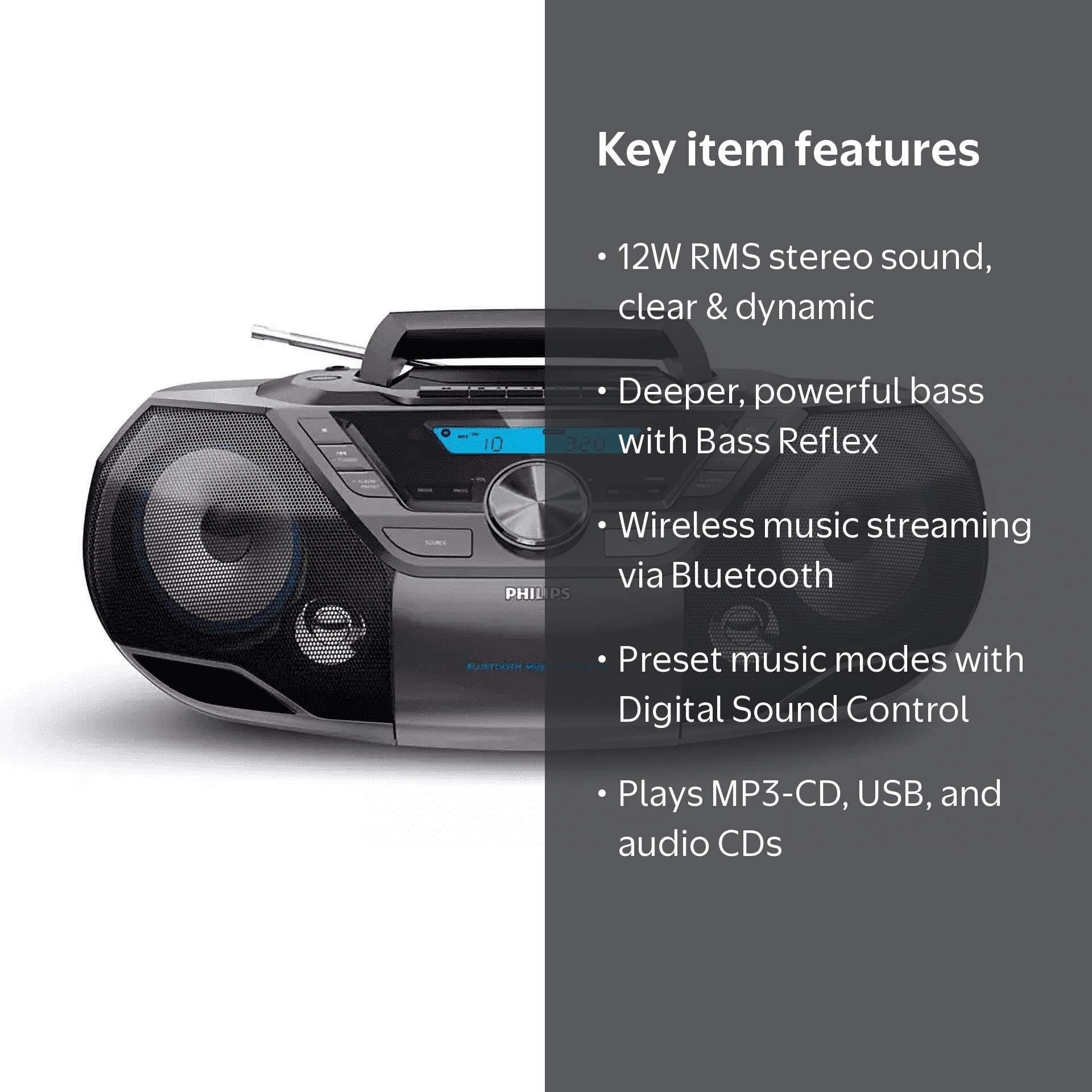 Philips Portable Boombox, Mega Bass Stereo, Bluetooth NFC FM MP3