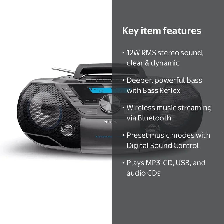 Philips Portable Boombox, Mega Bass Stereo, Bluetooth NFC FM MP3