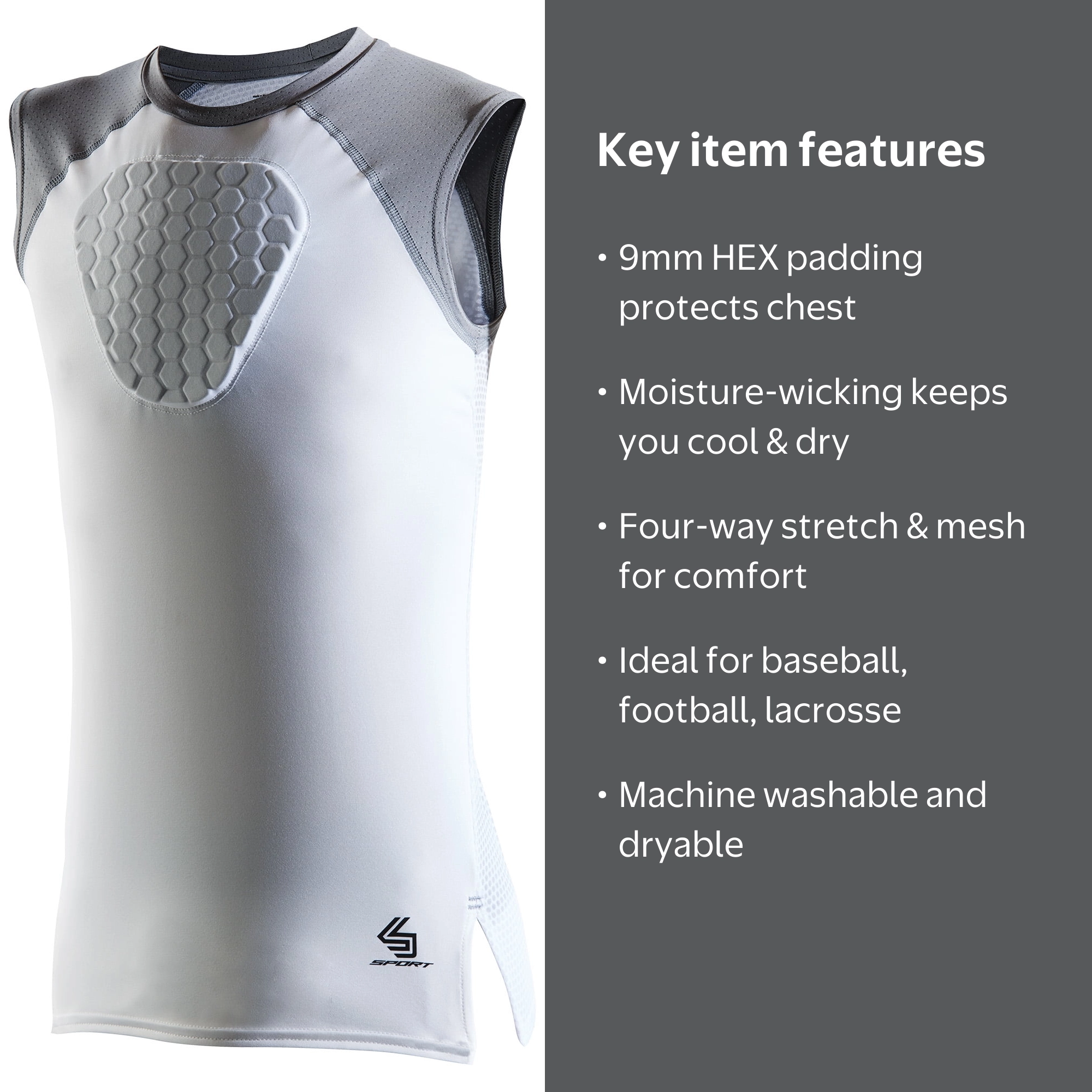 Shock Doctor, Hex Sleeveless Padded Sternum Shirt, Adult, S, White