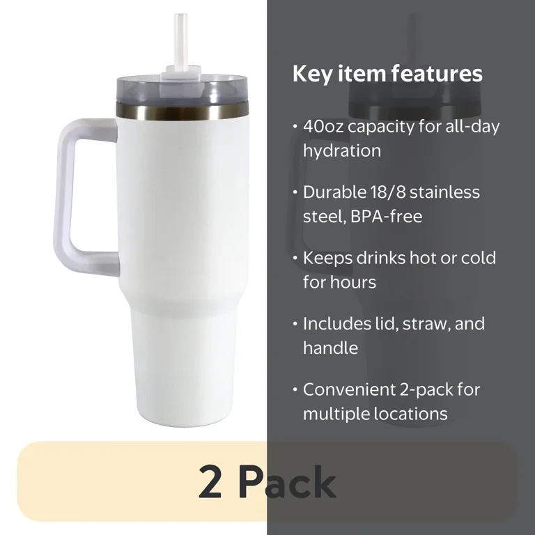 2 pack) Mainstays 40 oz Stainless Steel Tumbler with Straw and