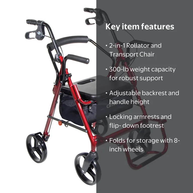 Duet Rollator/Transport Chair Burgundy, 26 L x 25-1/2 W x 37 H, 8