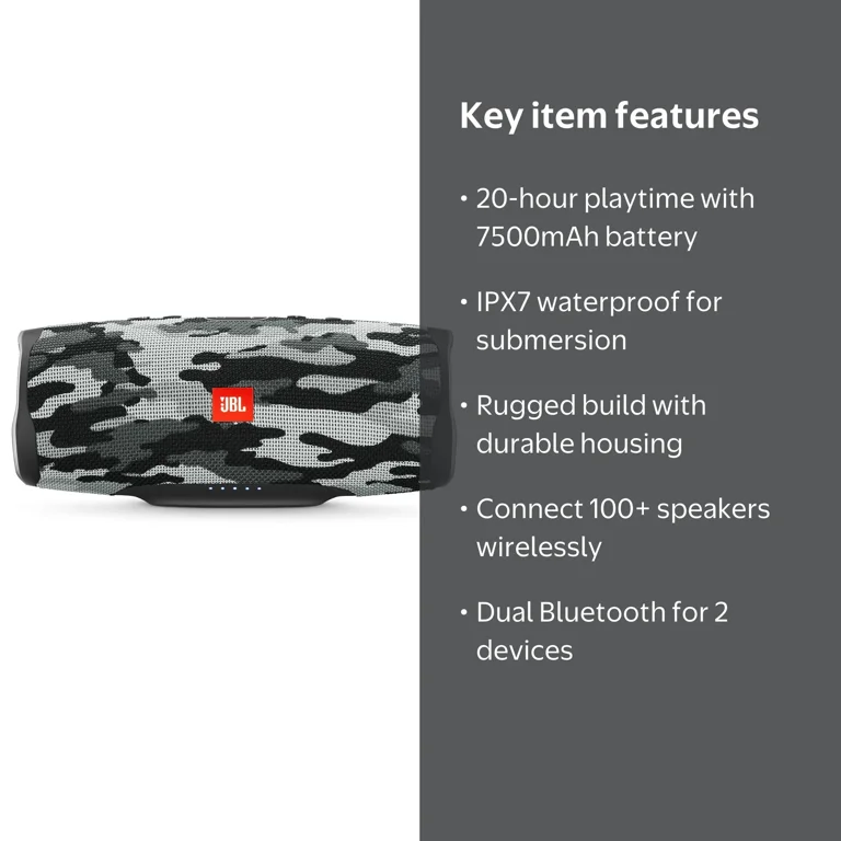 JBL, Portable Waterproof Bluetooth Speaker, Charge 4, Black/Camo