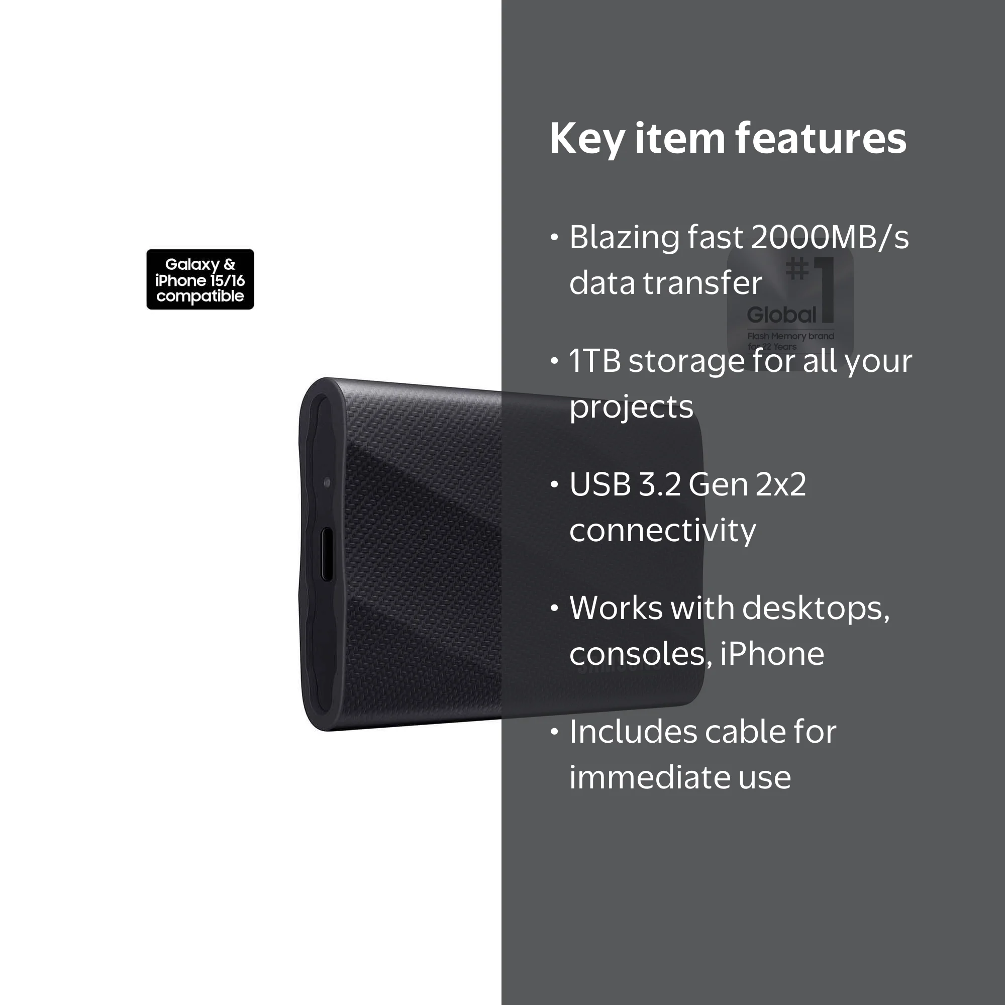 Samsung, Portable SSD, T9 1TB, Up to 2,000MB/s USB 3.2 Gen 2x2