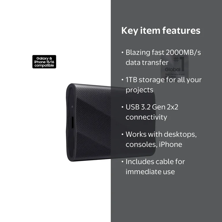 Samsung, Portable SSD, T9 1TB, Up to 2,000MB/s USB 3.2 Gen 2x2