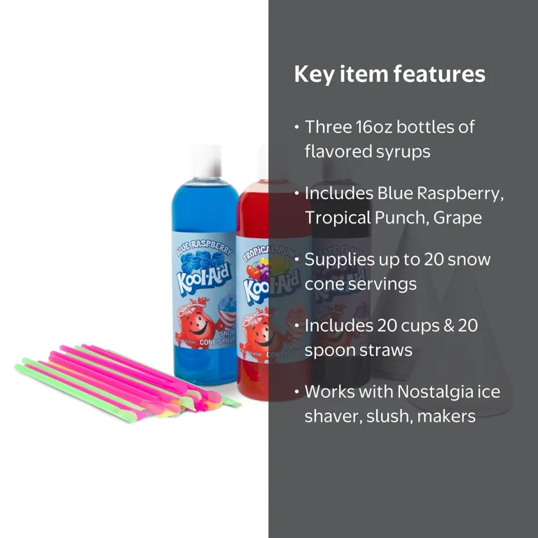 Kool-Aid Snow Cone Syrup Party Kit, 3 x 16 oz, Cups & Spoon Straws