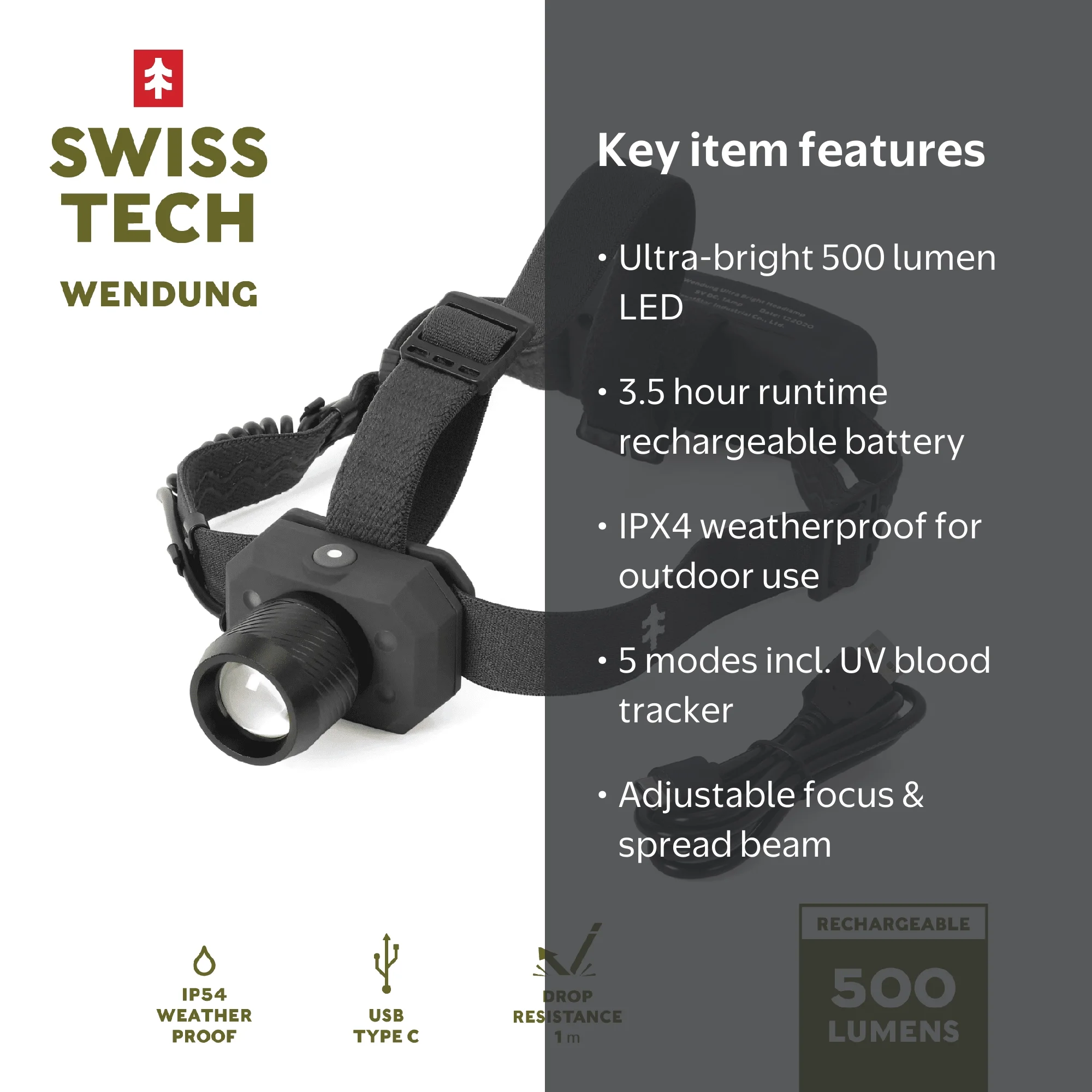 saluteサルート 19g BL C75 Swiss Tech Rechargeable 500 Lumens LED Headlamp with IPX4