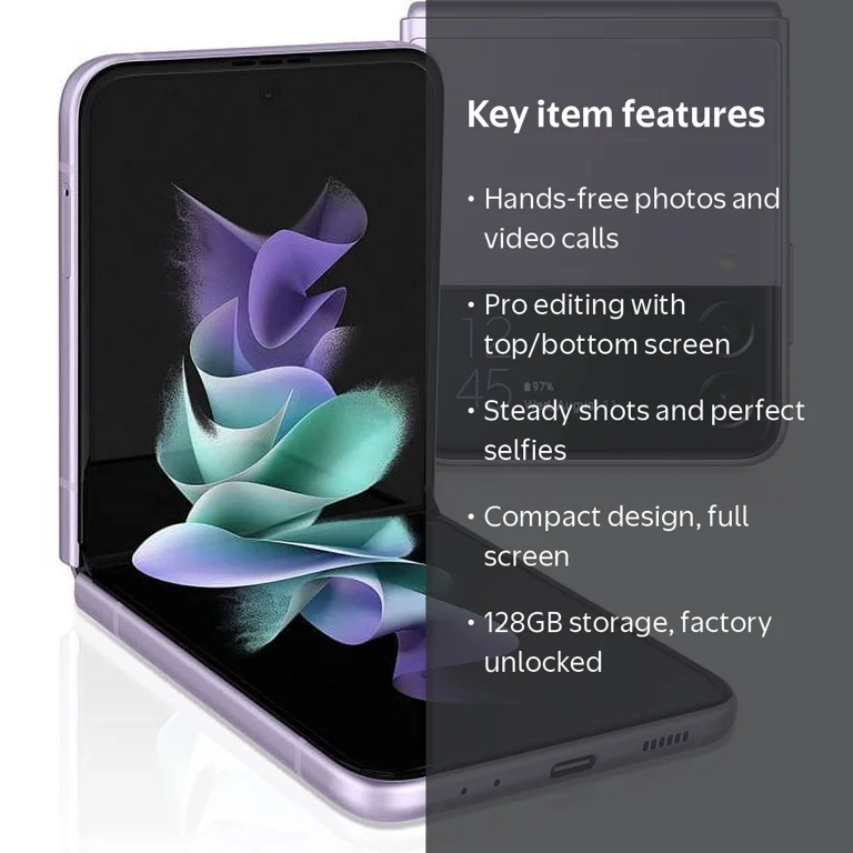 SAMSUNG Galaxy Z Flip 3 5G 128GB Lavender Cellphone, Factory