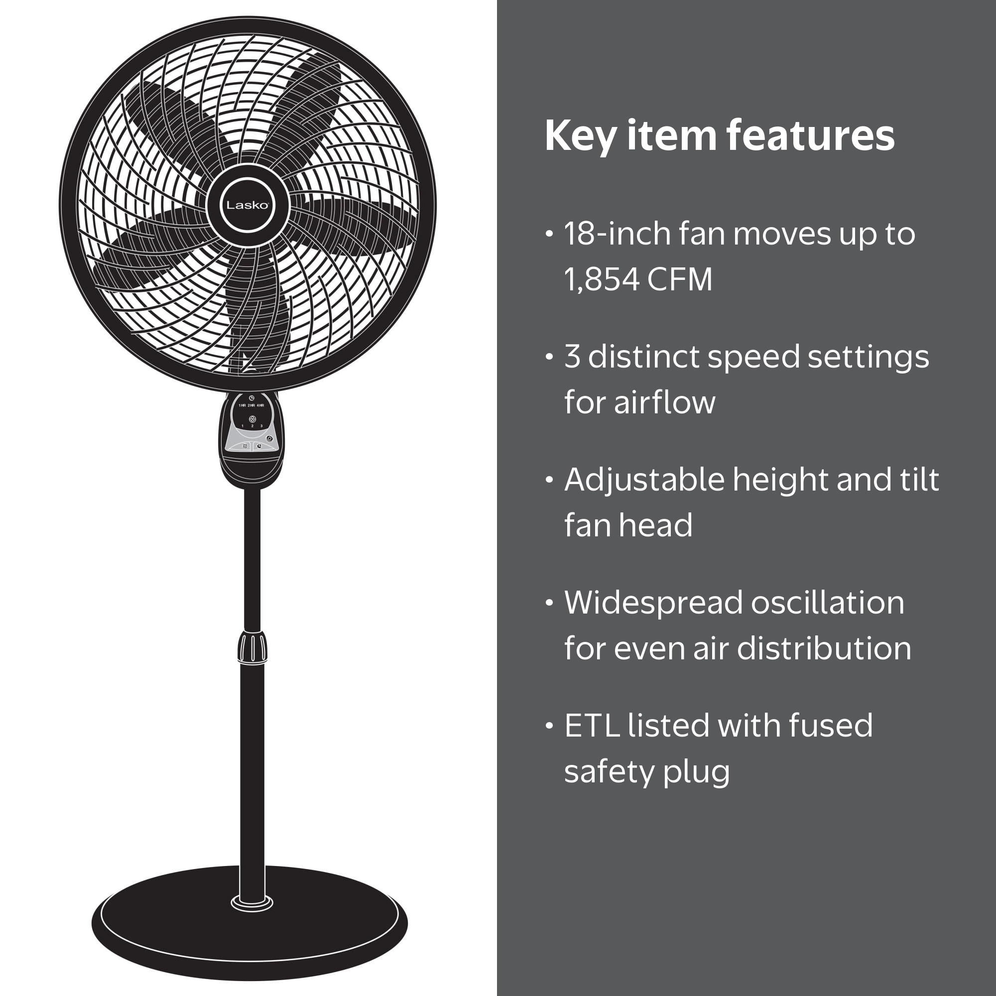 Lasko, Pedestal Fan, 18-inch, Black, Oscillating with Remote