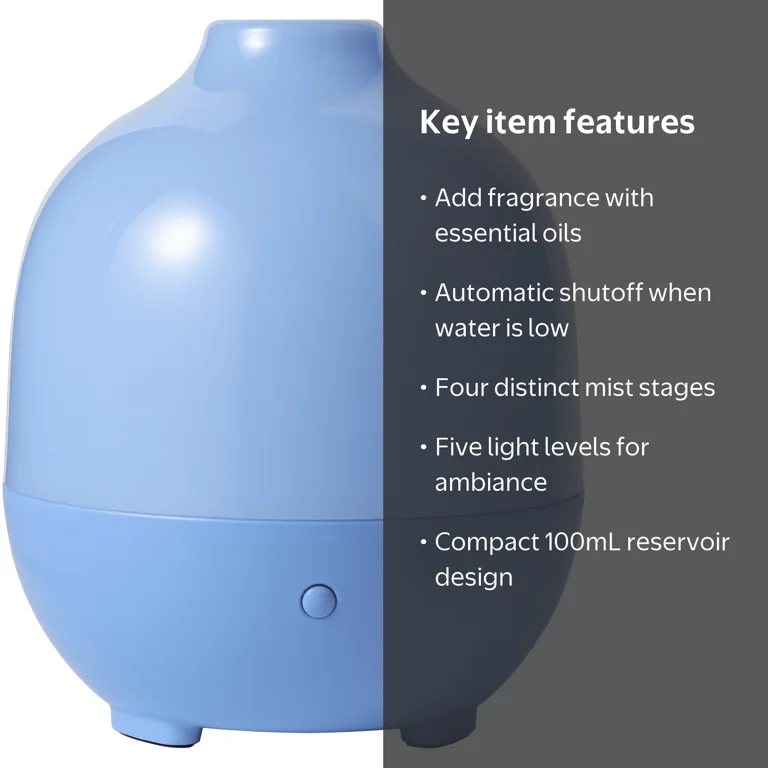 Mainstays Ultrasonic Oil Diffuser 100mL Blue Jewel Tone with 4