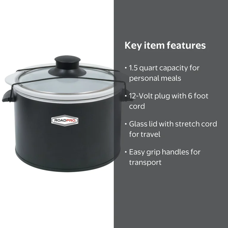 Roadpro, 12-Volt Slow Cooker, 1.5 Quart, Black with Removable