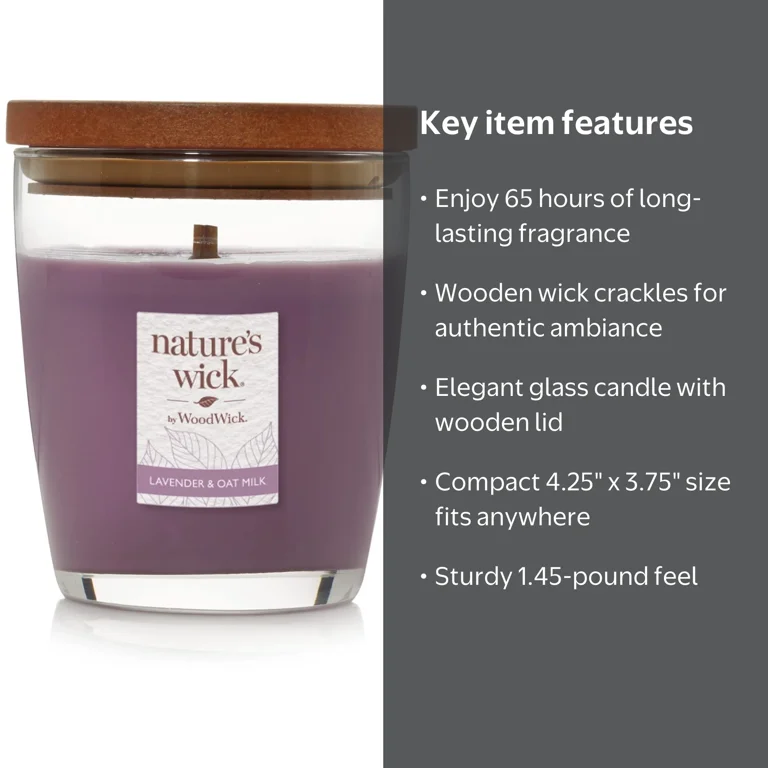 WoodWick Nature's Wick Lavender & Oat Milk Scented Candle, 10oz with Wooden Lid, Crackles at it Burns, Fall