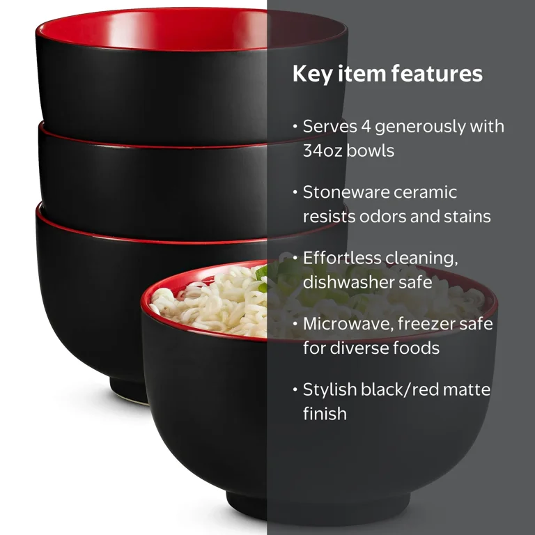 kook, Japanese Noodles Ramen Bowls, 34 Oz, Set of 4 Stoneware