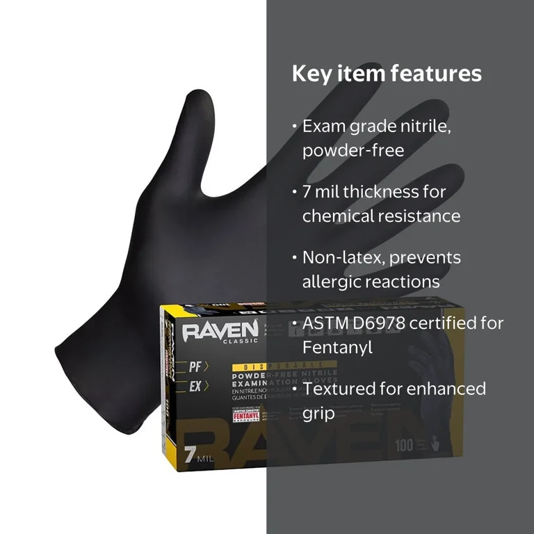 Raven 66518, 7 mil Nitrile Exam Grade Gloves, Powder Free, Large