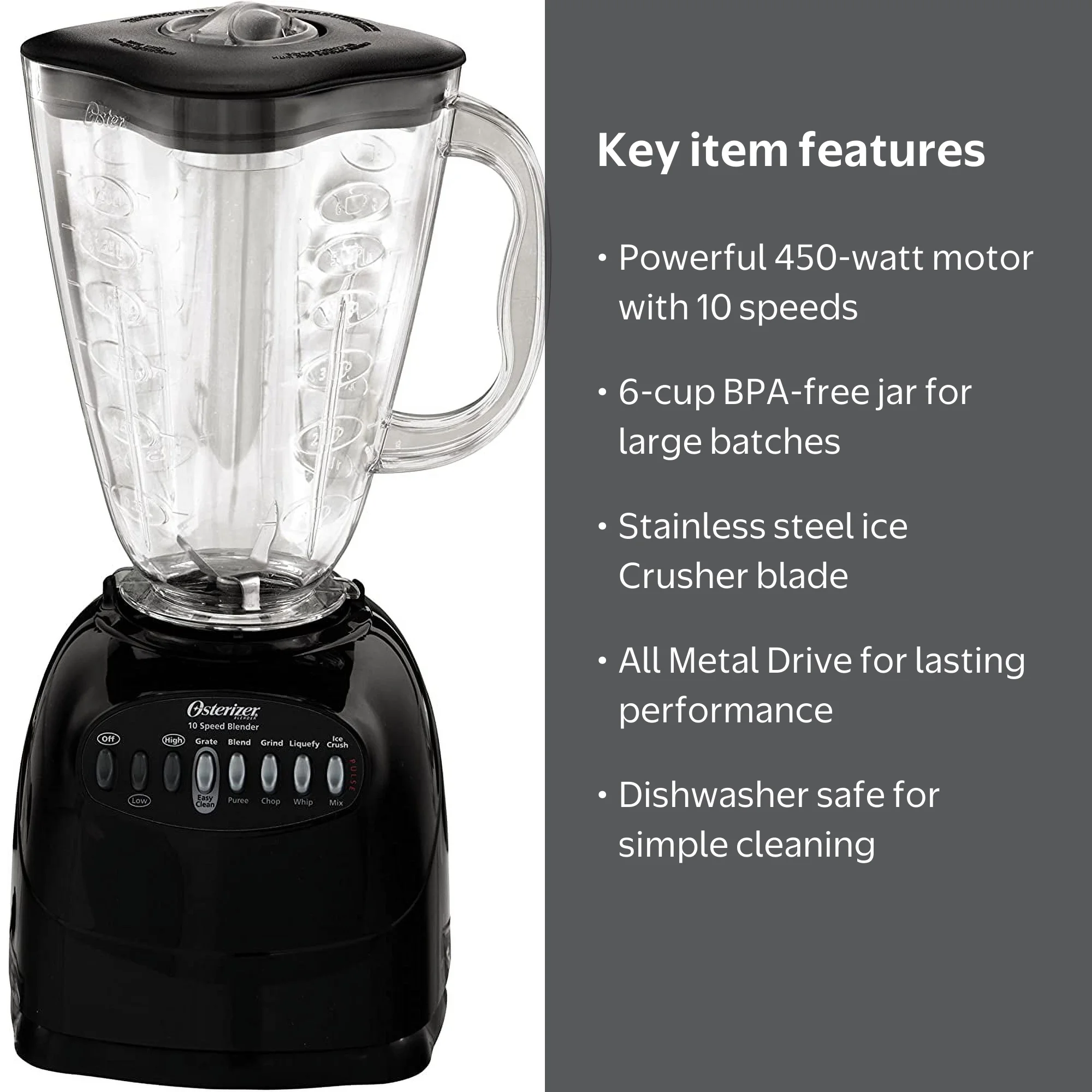 Oster 6706 Table Top Blender, 450W, 10-Speed, 6-Cup, Black