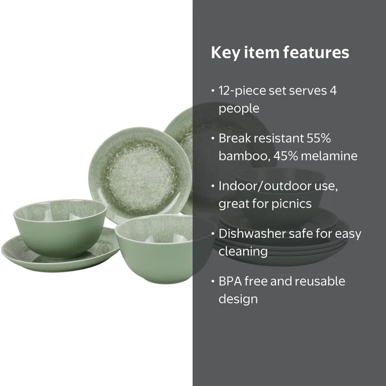 Better Homes & Gardens 12-Piece Reactive Green Bamboo Melamine