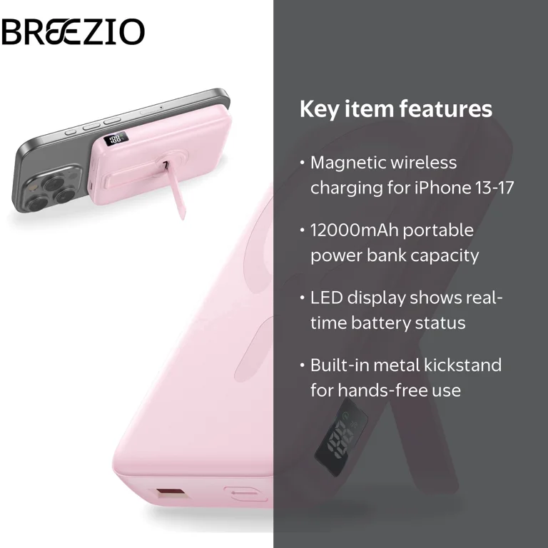 Breezio, Magnetic Wireless Portable Charger, 12000mAh, Pink