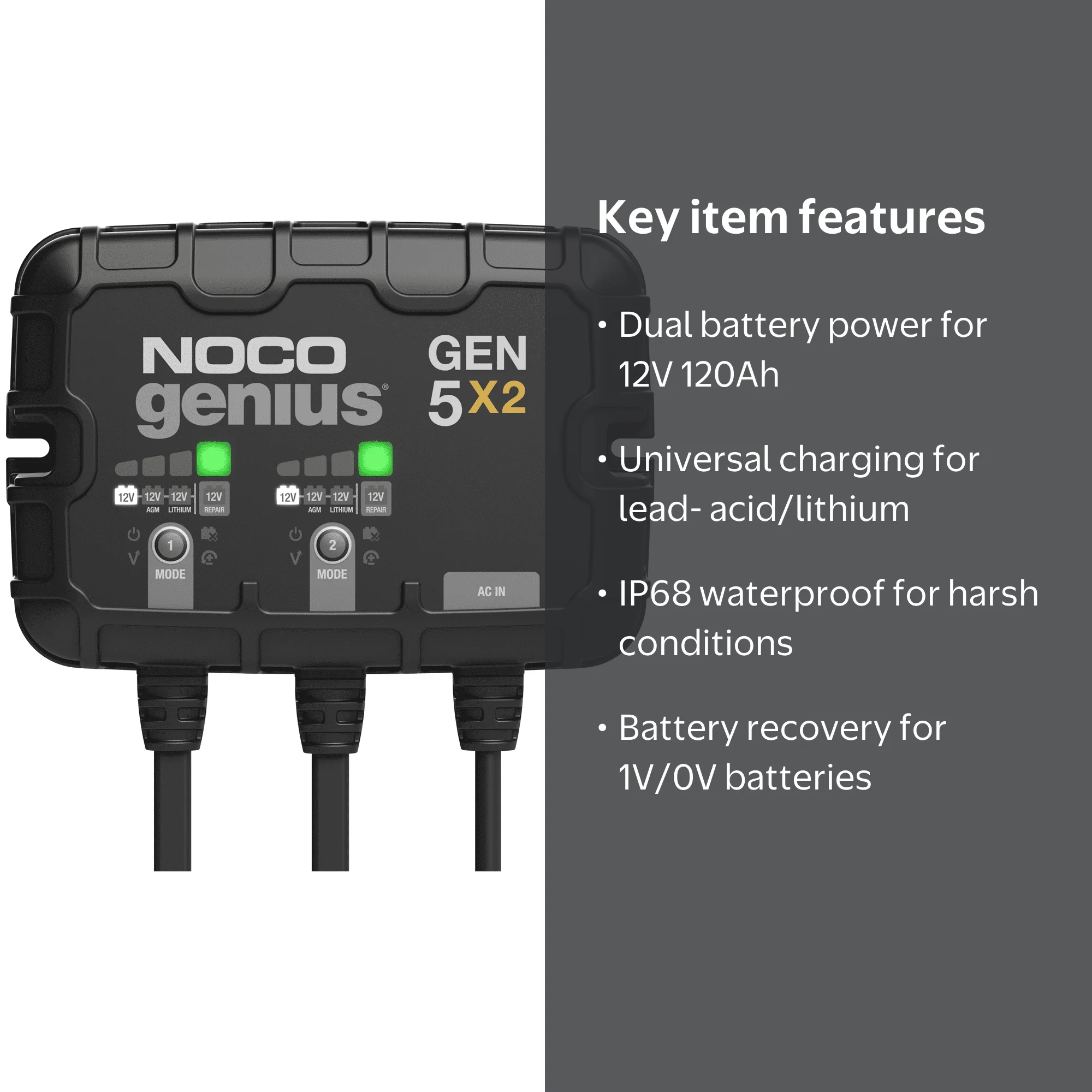 NOCO Genius GEN5X2 2-Bank 10A (5A/Bank) 12V Onboard Battery