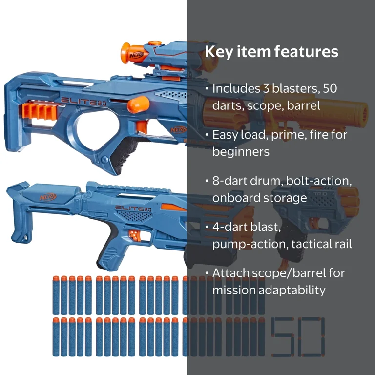 Nerf Blaster Pack, 3pk, includes 3 Blasters, 50 Darts, Scope