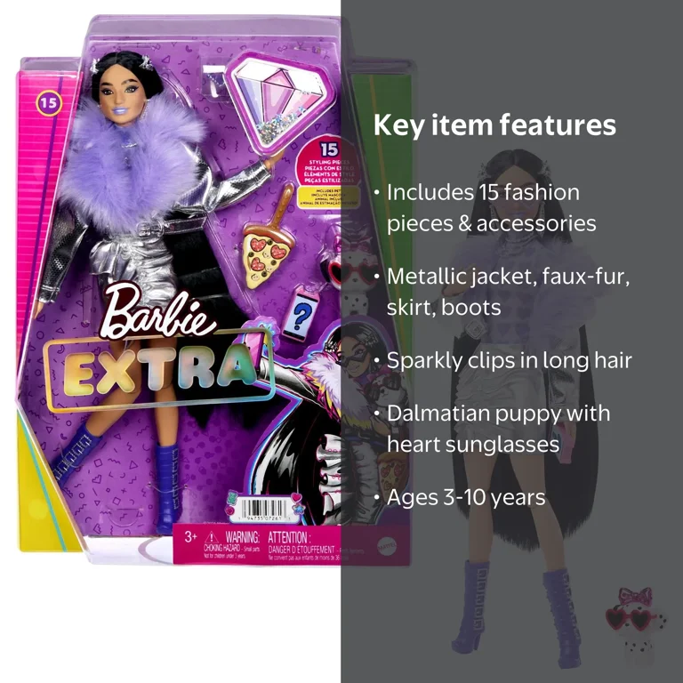 Barbie Extra Fashion Doll with Black Hair, Silver Jacket