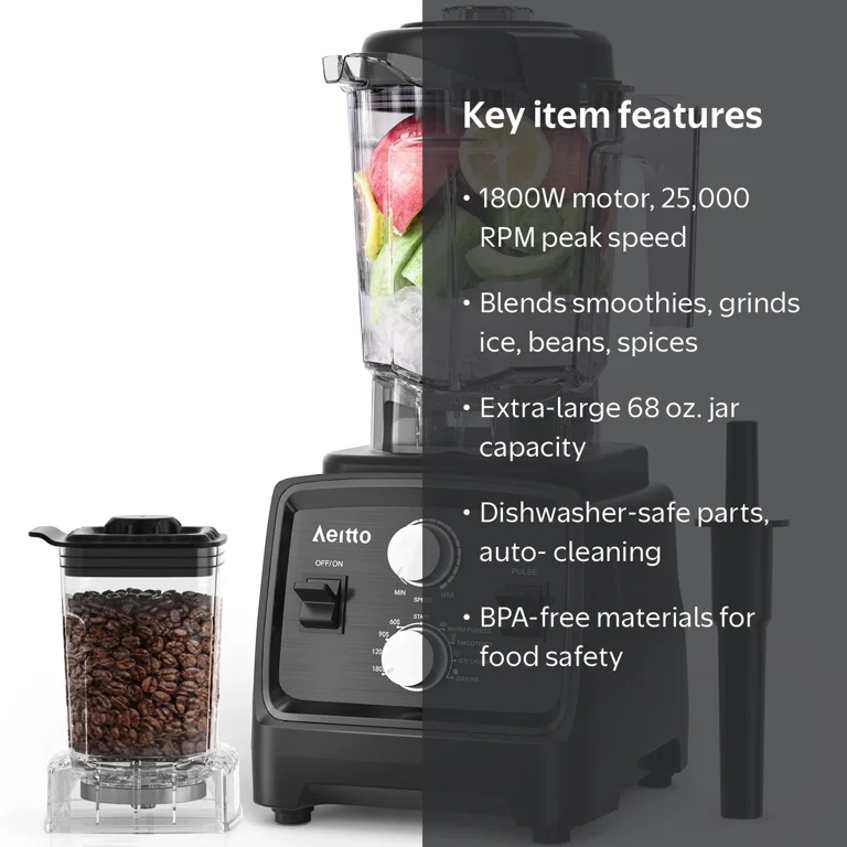 Aeitto, Blender with 1800W Motor, 68oz, 2-in-1 Blender and Grinder