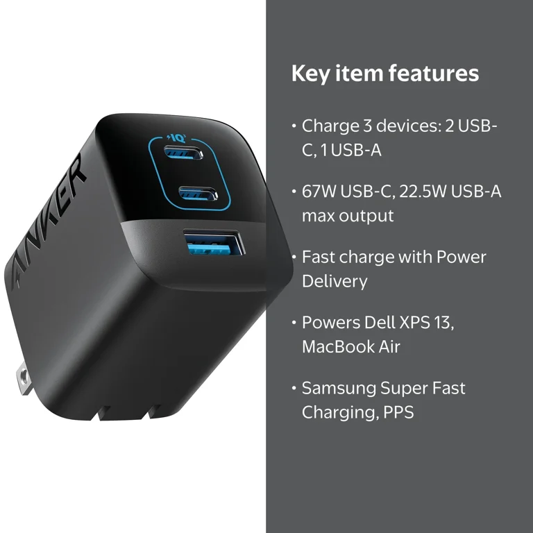 Anker 67W 3-Port Wall Charger, Power Delivery, 2 USB-C + 1 USB-A