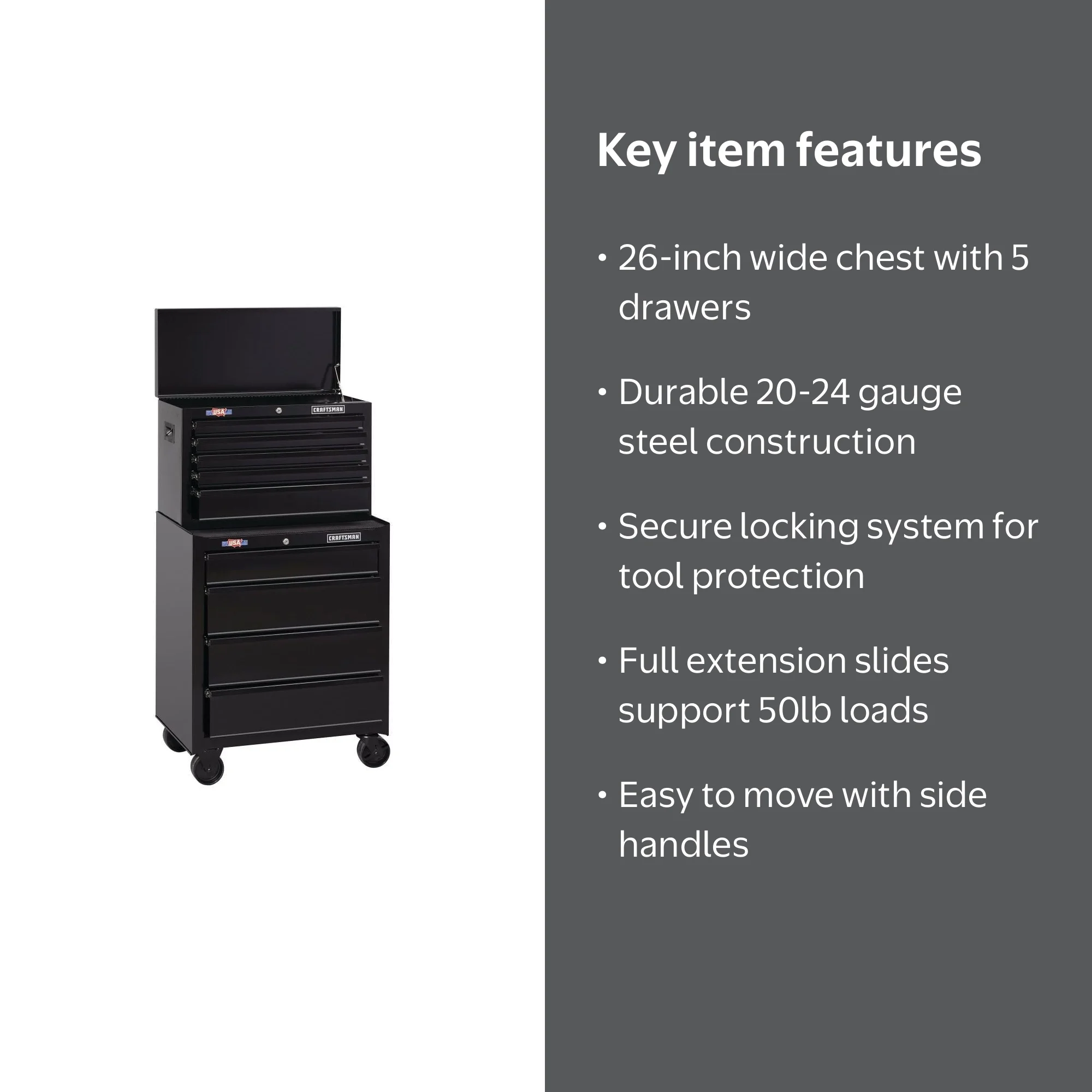 CRAFTSMAN 112521 26 Wide 5-Drawer Standard-Duty Top Chest - Black
