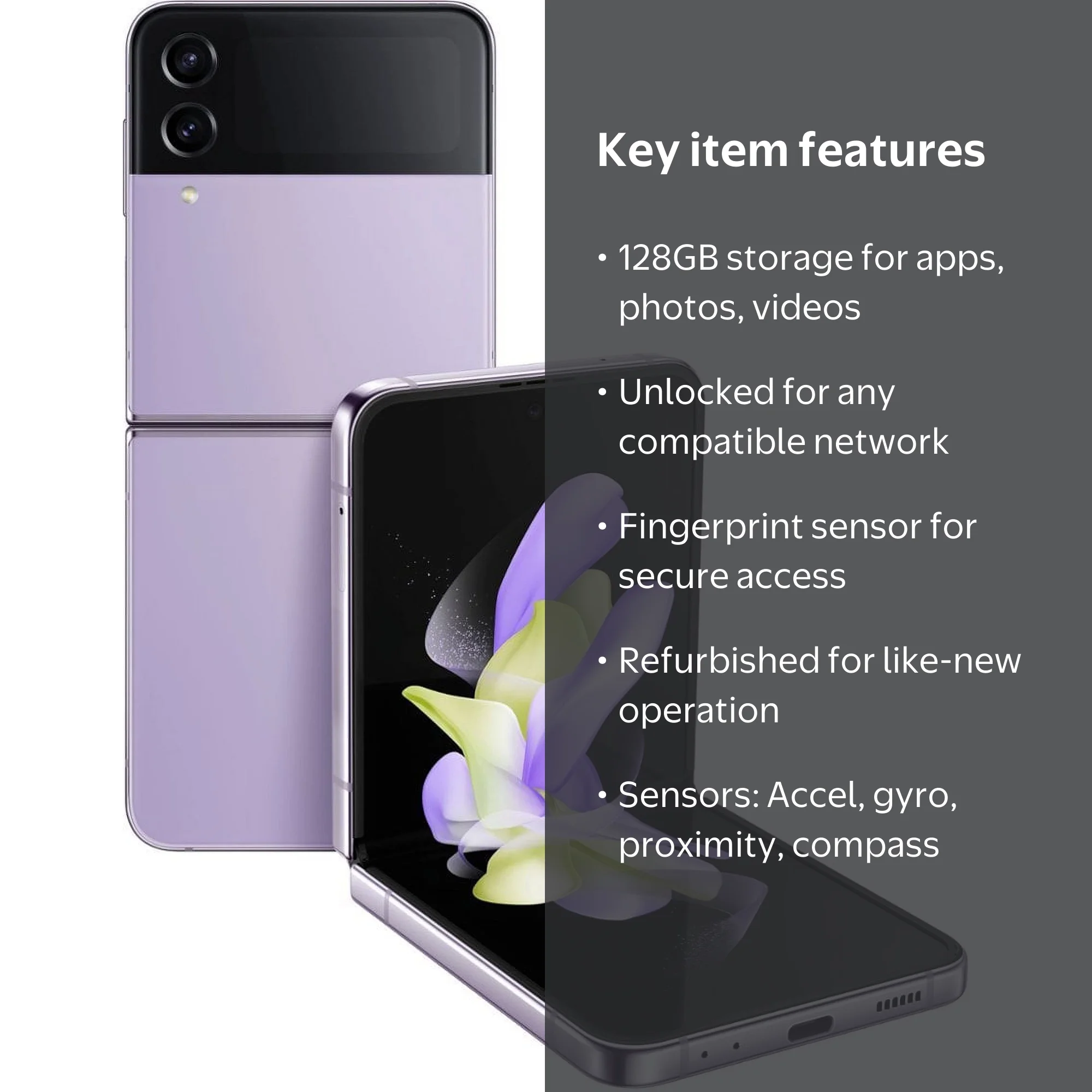 Samsung Galaxy Z Flip4 128GB, Unlocked, Refurbished, F721U, Side