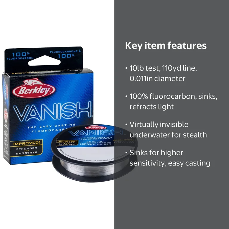 berkley 10lb invisaline fishing Sufix, Castable Invisiline Fluorocarbon Line, 8 lbs Tested, 0.009" Diameter, 200 Yards, Clear : Sports & Outdoors sinking with greater line density for high sensitivity and less bow in the water Berkley Vanish Fluorocarbon Line -
