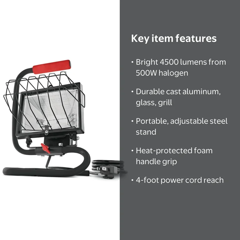 Hyper Tough 500W Halogen Work Light, Portable Free Standing Light