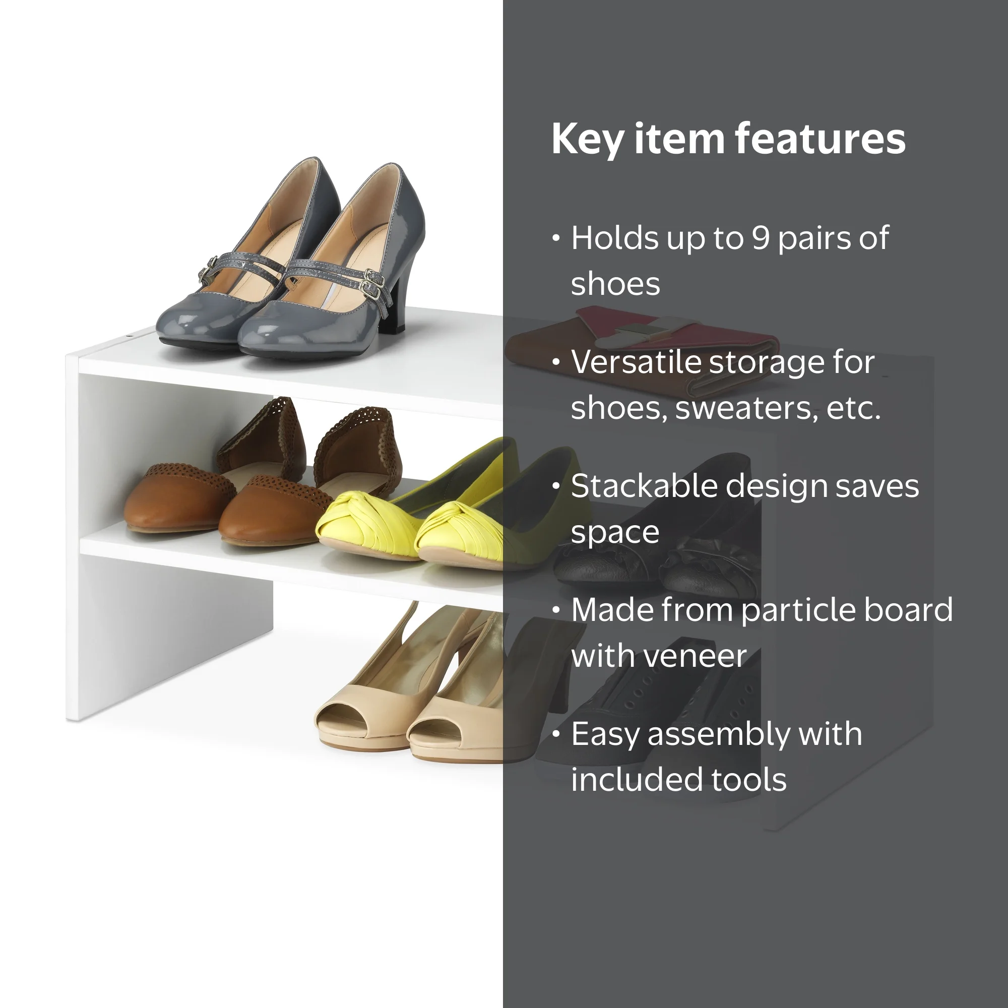 Whitmor 2-Tier Stackable Shoe Rack - 9-Pair Shelf Organizer - 24