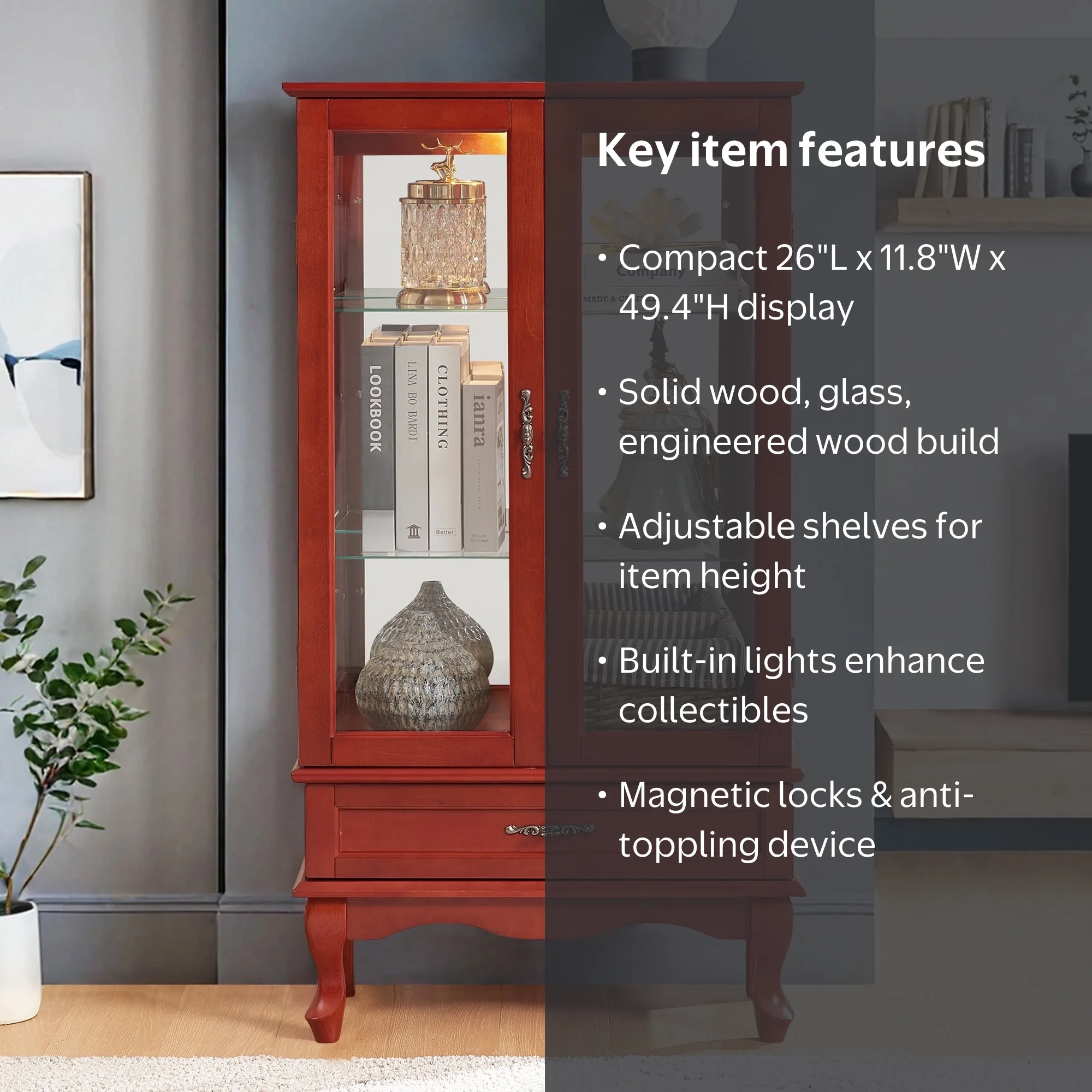 HIUU Cherry Curio Cabinets with Glass Doors,49.4