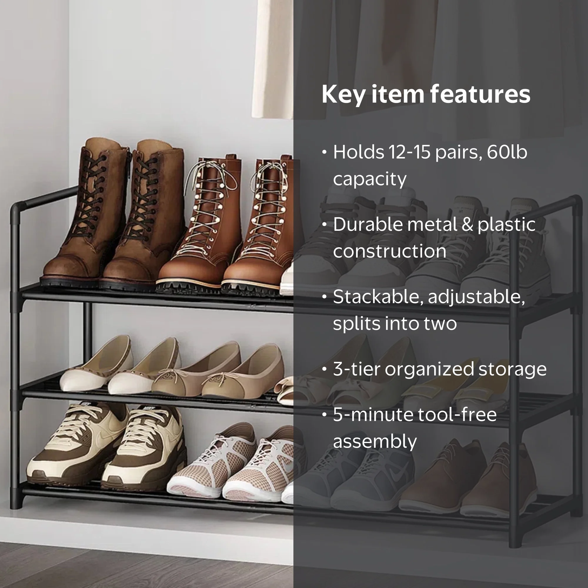 One Pix 3-Tier Shoe Rack, Metal Shoe Organizer Holds 12-15 Pairs