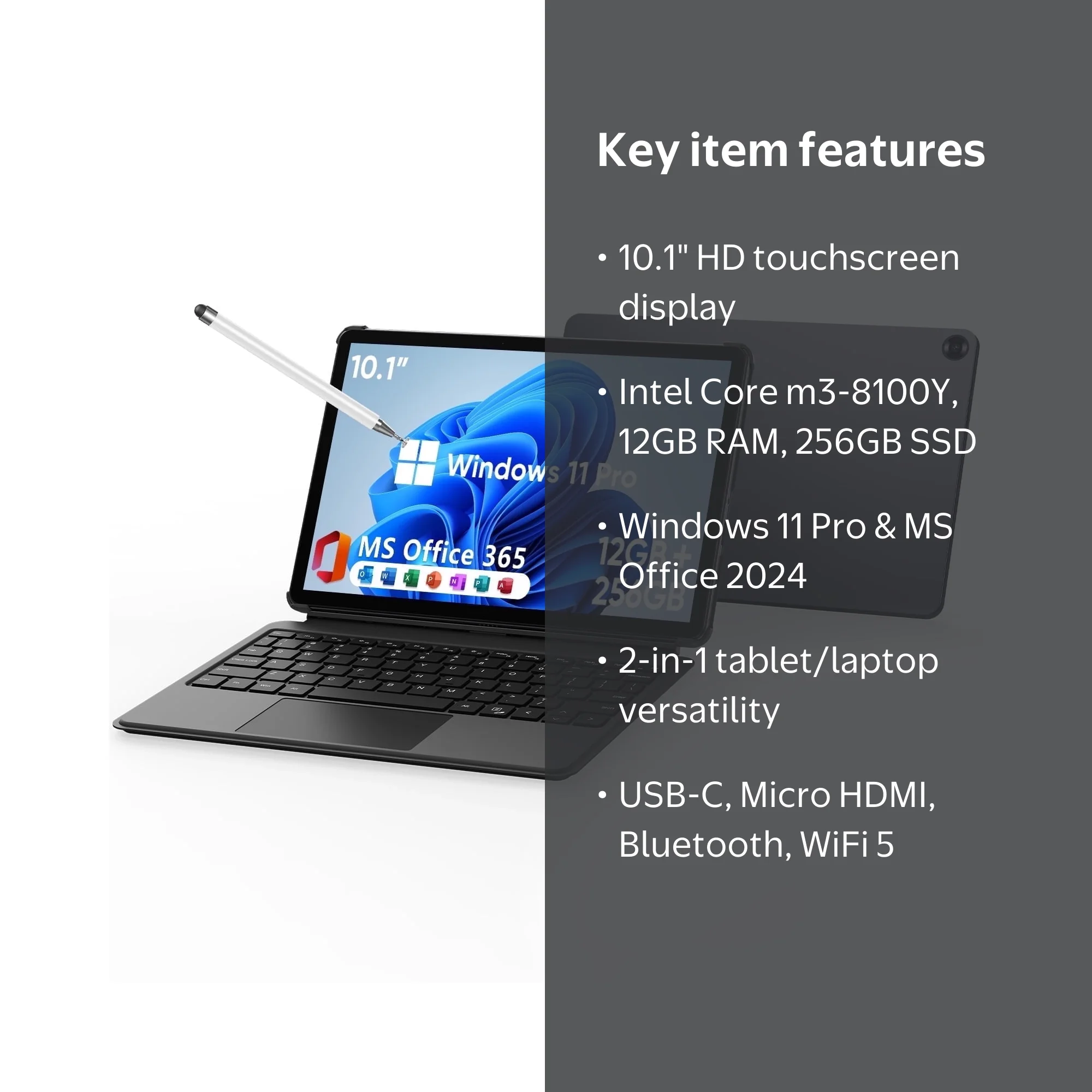 2-in-1 Windows 11 Pro Tablet/Laptop 12GB RAM 256GB SSD,10.1