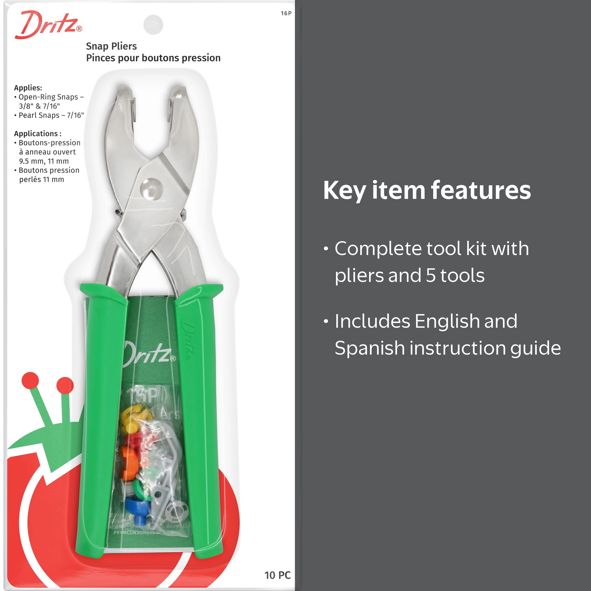 Dritz, Snap Fastener Pliers, kit includes 4 size #16 snaps +