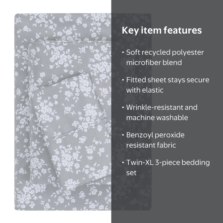 Mainstays Microfiber Bed Sheet Set Twin XL Gray Floral 3 Piece Mainstays Microfiber Bed Sheet Set Twin XL Gray Floral 3 Piece