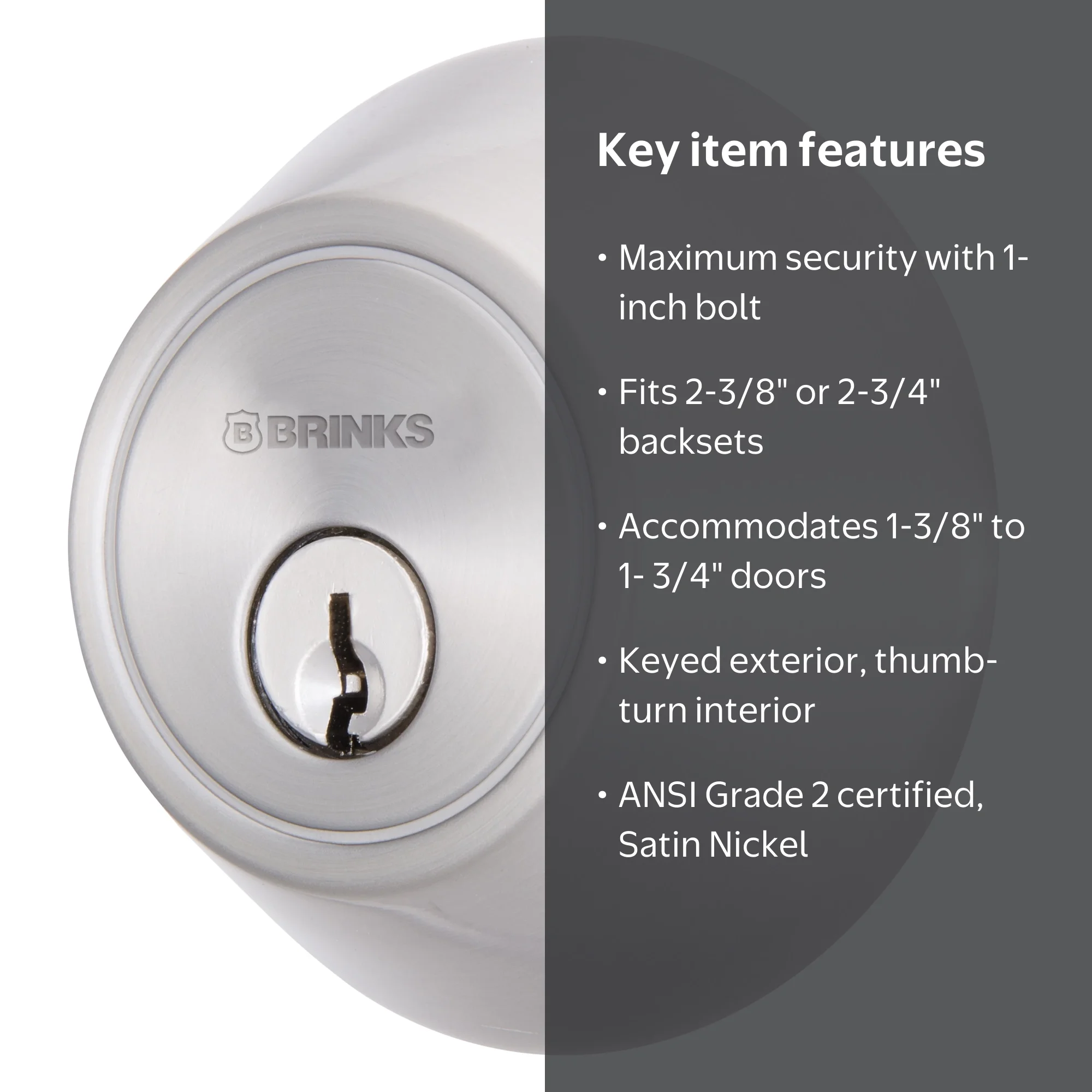 Brinks Single Cylinder Deadbolt Lock, Satin Nickel Finish