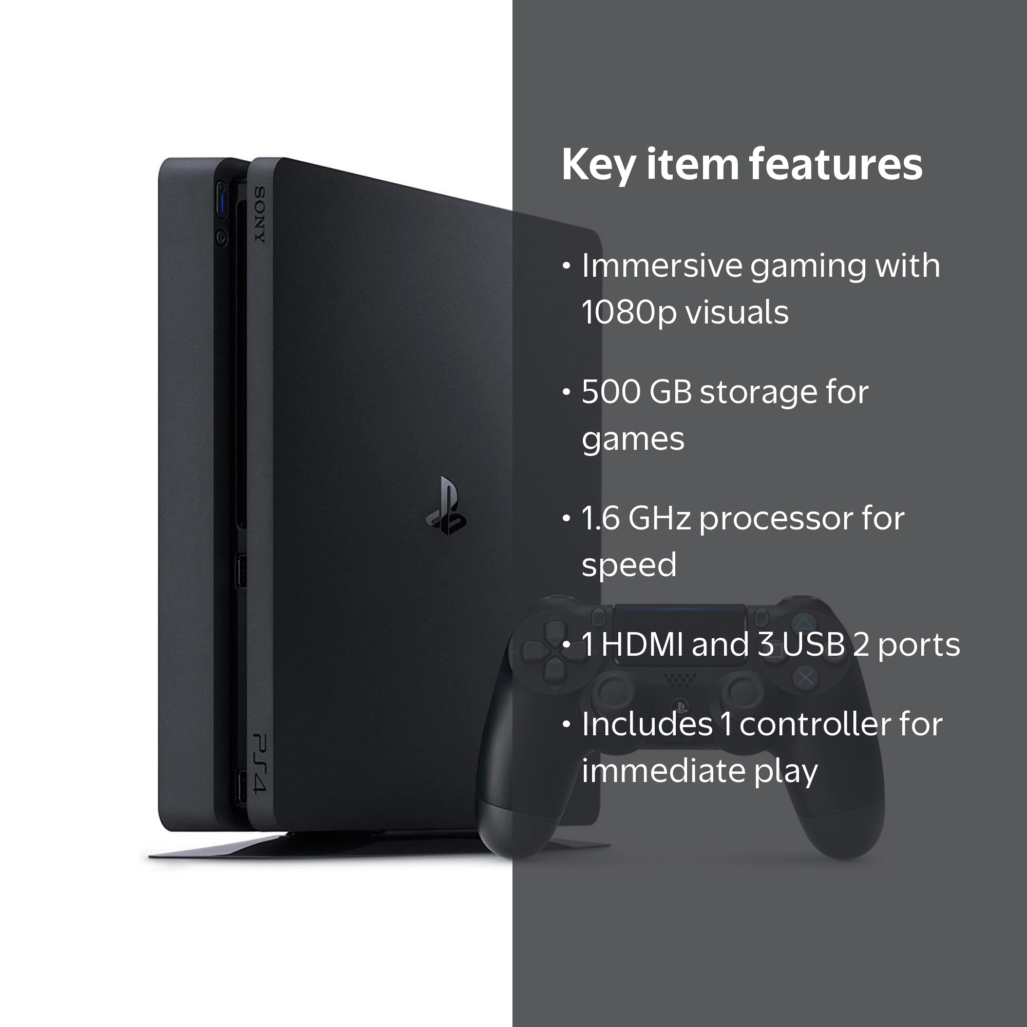 Sony PlayStation 4, 500GB Slim System, Black with Blu-ray