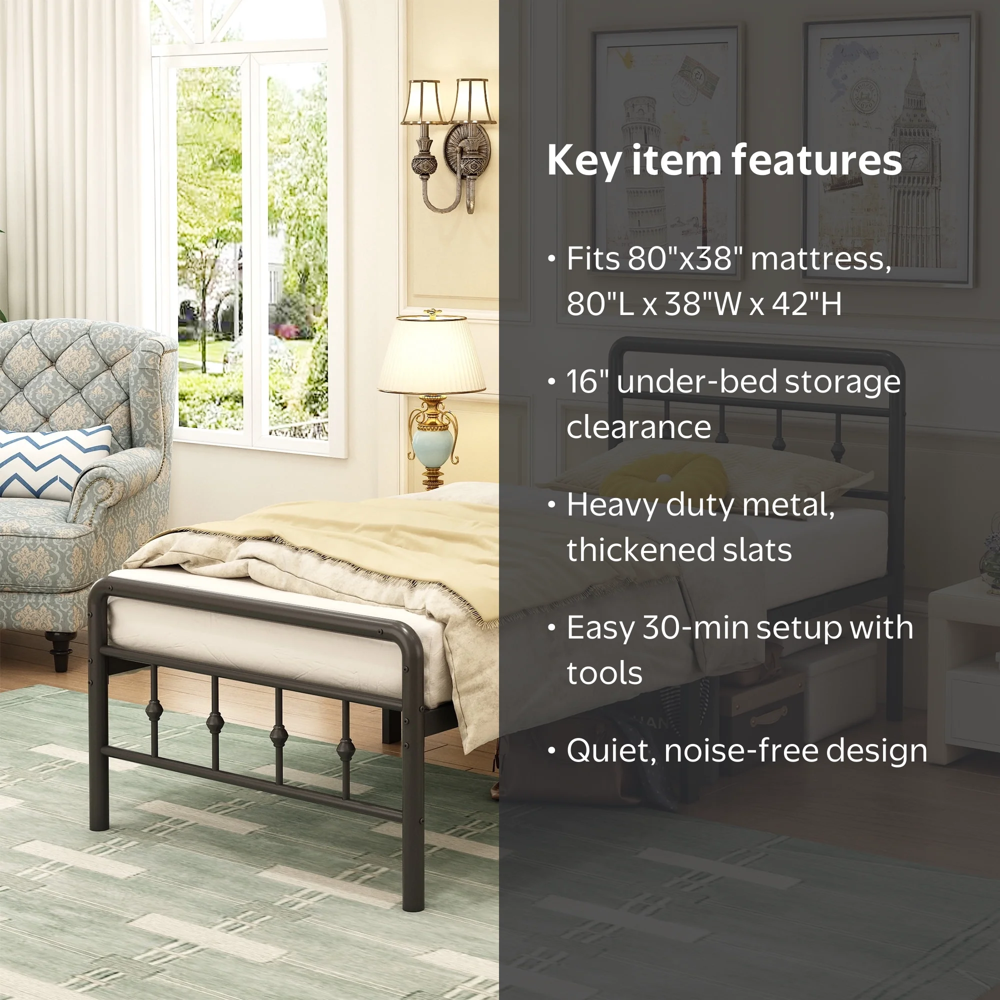 Maenizi, Bed Frame, Twin XL, Metal with Headboard and Footboard