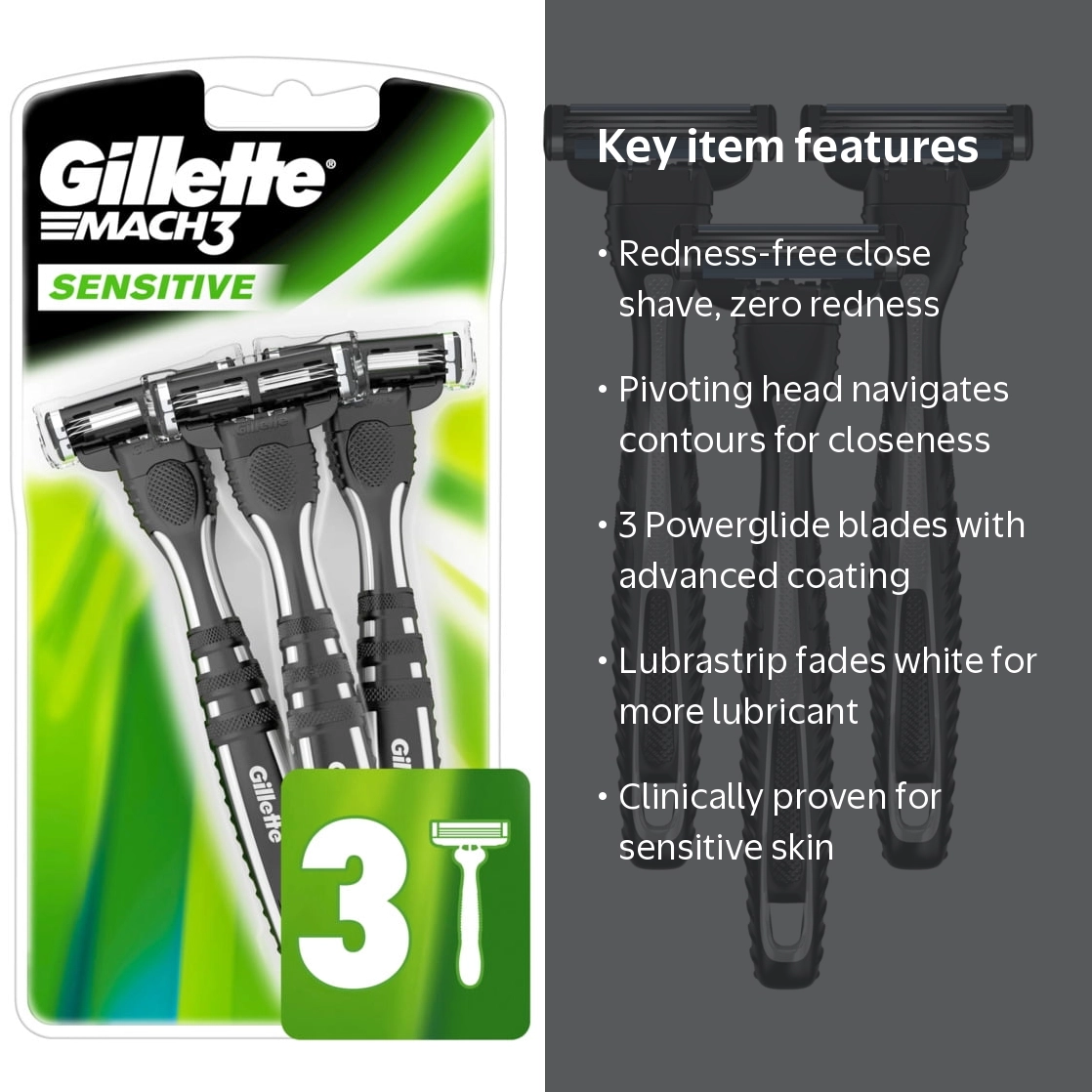 Gillette Mach3 Sensitive 3ct Disposable Razor with Pivoting Head