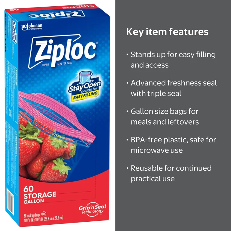 Ziploc® Brand Gallon Freezer Storage Bags, Double Zipper, 60 Count