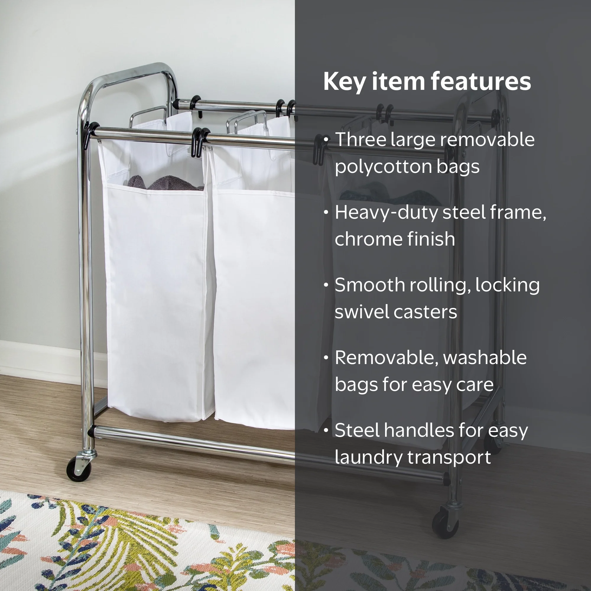 Honey-Can-Do White 3 Bag Steel Heavy-Duty Laundry Sorter, SRT