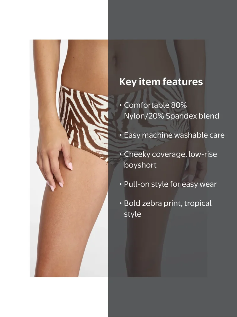 No Boundaries Zebra Print Boyshort Bikini Bottoms, Women's XXS-XXL