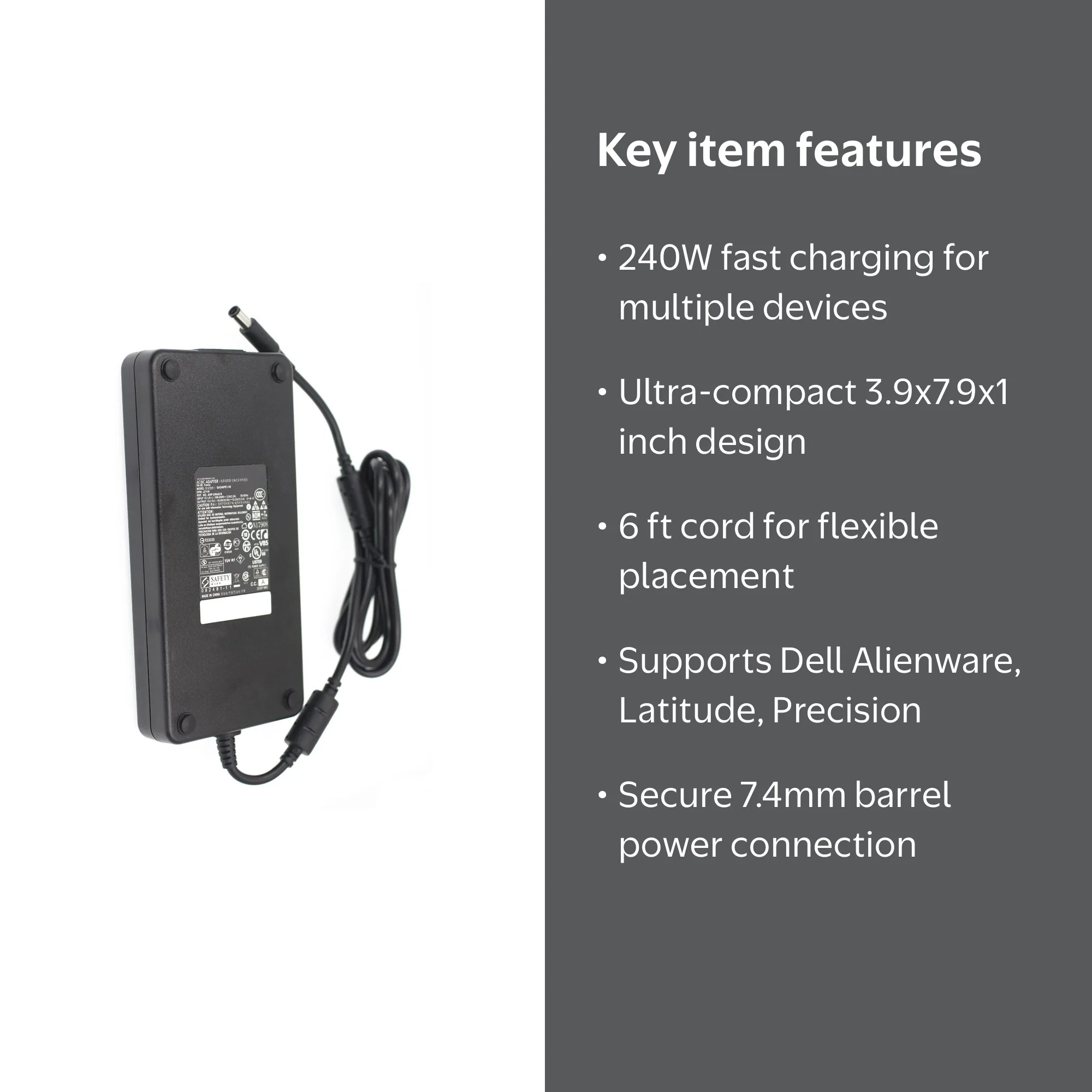 Dell, 240W AC Adapter, bundled with 6 ft power cord, Black