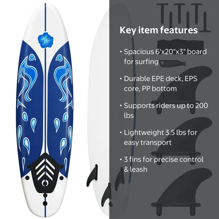 Costway, Surfboard Foamie, 6' with 3 fins and leash, White