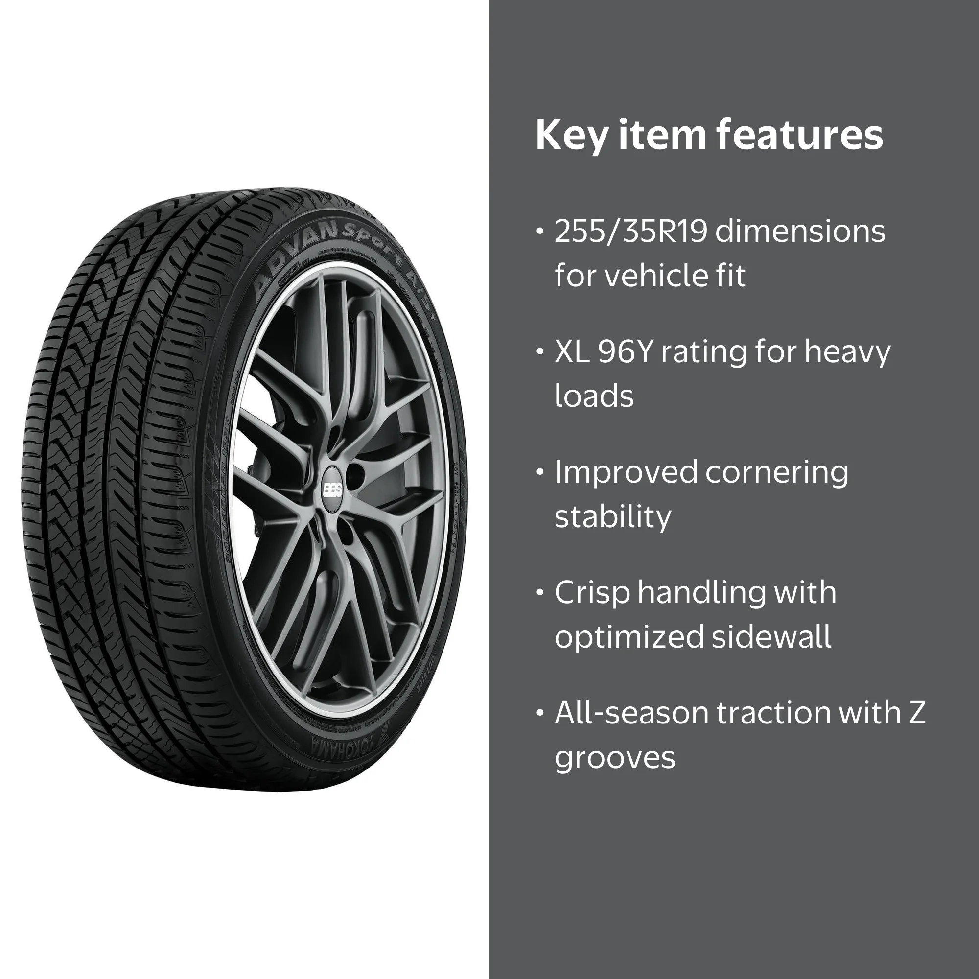 Yokohama Advan Sport A/S Plus, 255/35R19 96Y XL Tire, Fits 09-14