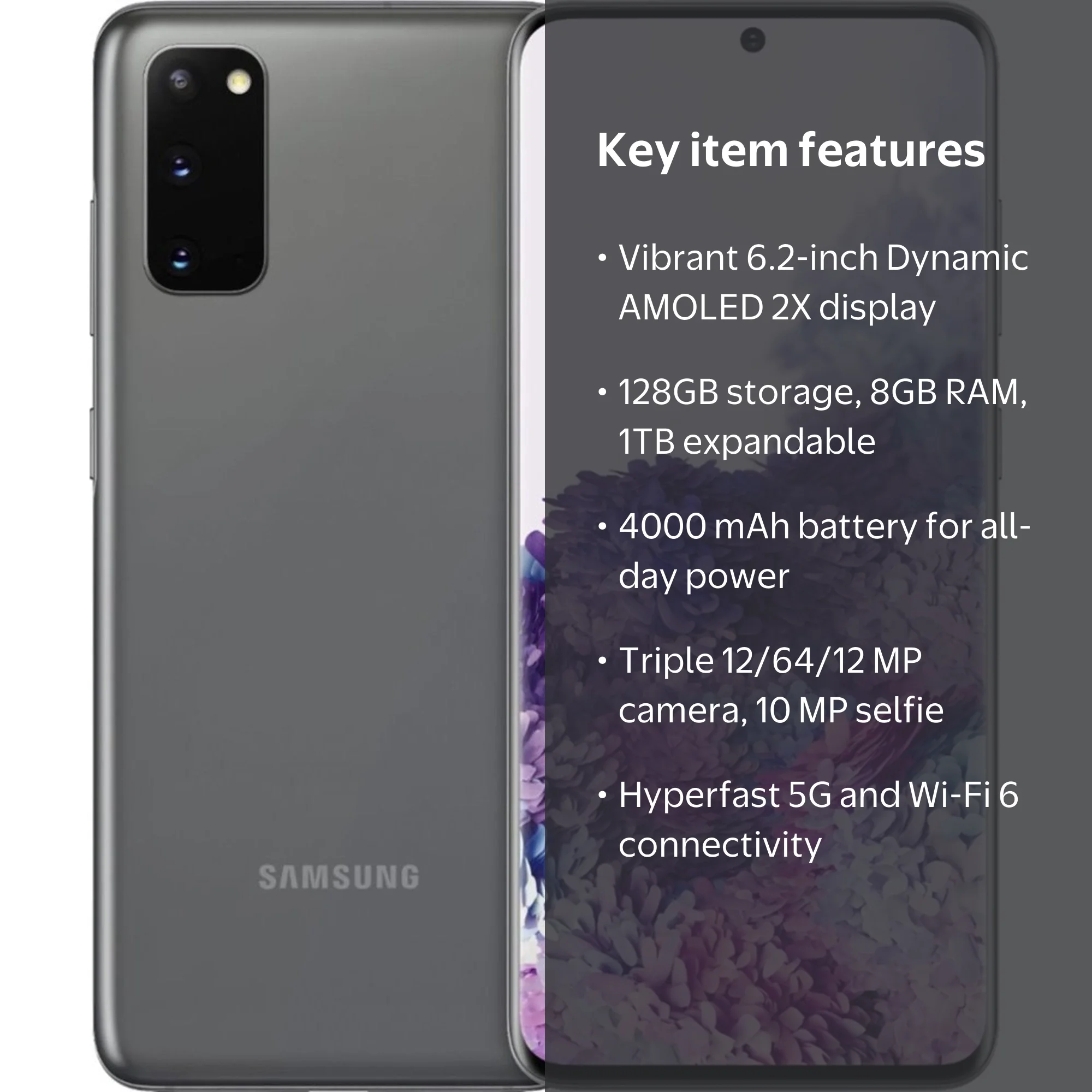 Samsung Galaxy S20 G980F, 128GB, GSM Unlocked, Cosmic Gray, 6.2