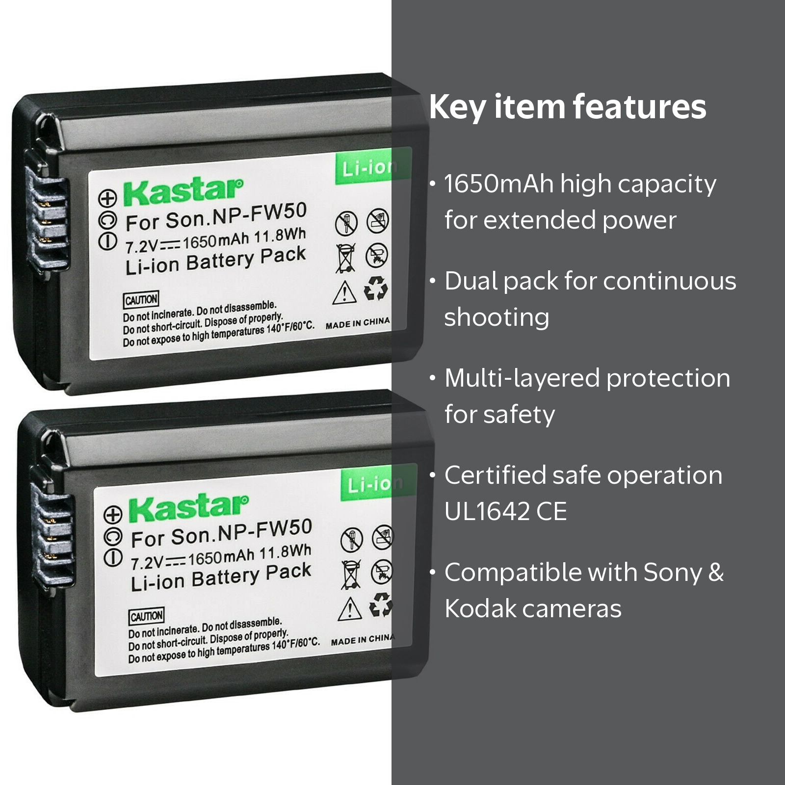 Kastar 2-Pack NP-FW50 Battery Replacement for Sony a6000, ILCE