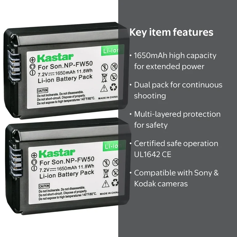 Kastar 2-Pack NP-FW50 Battery Replacement for Sony a6000, ILCE