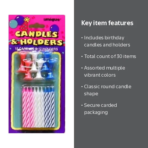 Unique Industries, Birthday Candles and Holders, Blue, 30ct